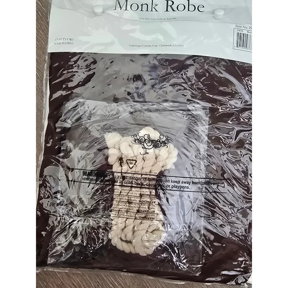Underwraps Kids Monk Robe Brown Costume with Hood and Rope Belt Size Medium 6-8
